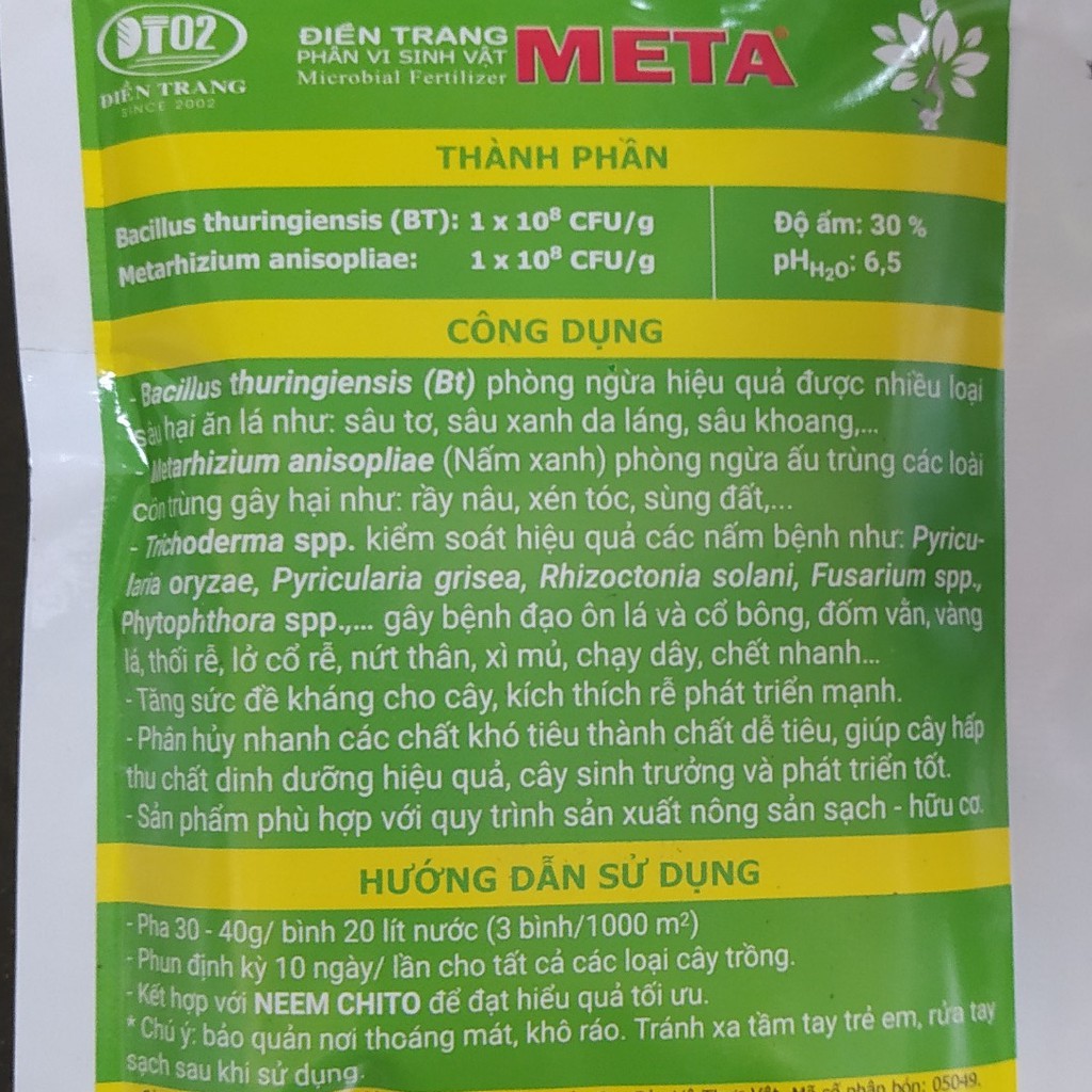 Phân Hữu Cơ Vi Sinh Trichoderma META BIO-B gói 100g, CHẾ PHẨM SIN HỌC NGĂN NGỪA SÂU, CÔN TRÙNG VÀ NẤM BỆNH