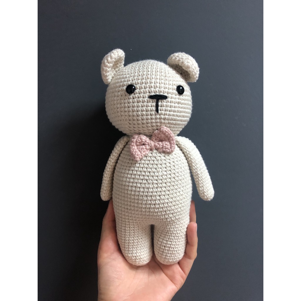 Thú len handmade, đan móc thú len. Gấu xám nơ hồng đáng yêu quà tặng an toàn cho bé