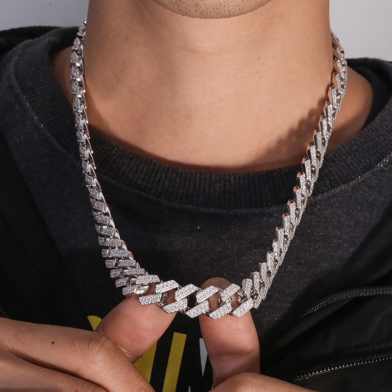 Vòng tay nam nữ thời trang + dây chuyền lắc tay unisex màu bạc Titan không gỉ - Cuban đá