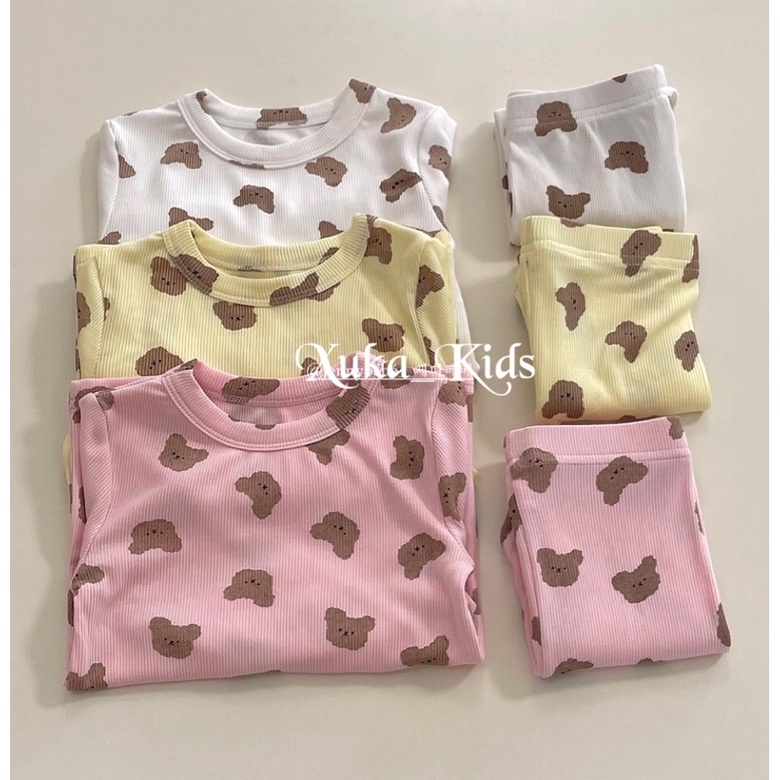 Bộ quần áo dài tay hình gấu mặc nhà Hàn Quốc cho bé [Jennybebe] Quần áo trẻ em Thu Đông 2021 [Ảnh thật Shop tự chụp]