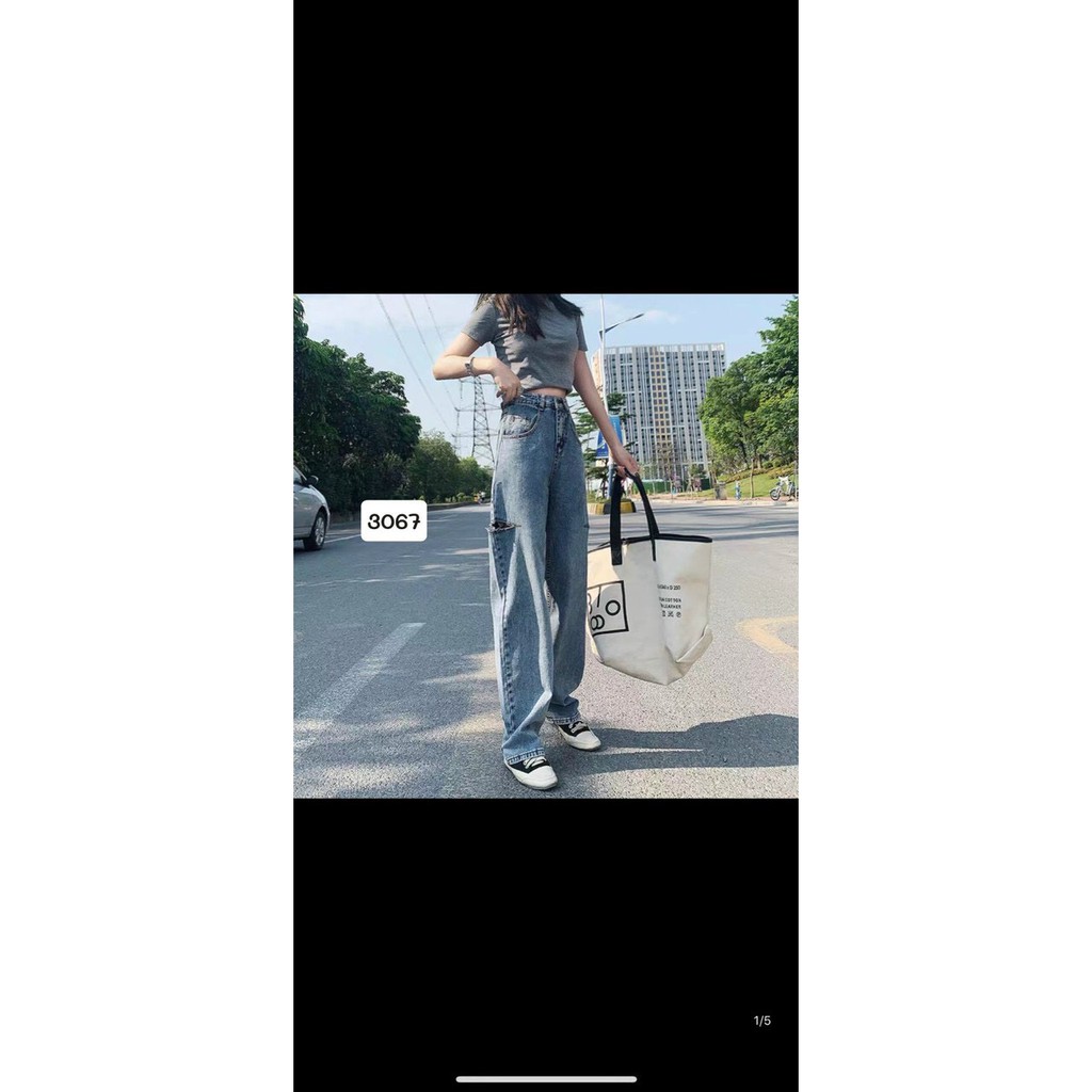 Quần Baggy Jean Nữ Lưng Cao Cắt Rách 1 Bên Size SML Hàng VNXK MS3067