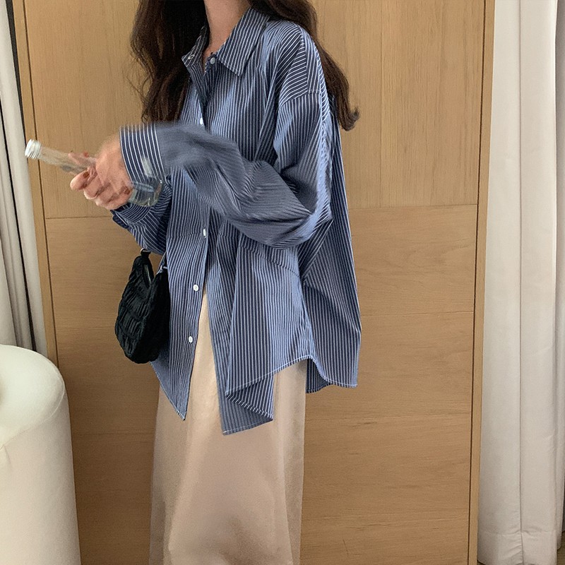 Xiaozhainv Áo sơ mi tay dài dáng rộng kẻ sọc dành cho nữ