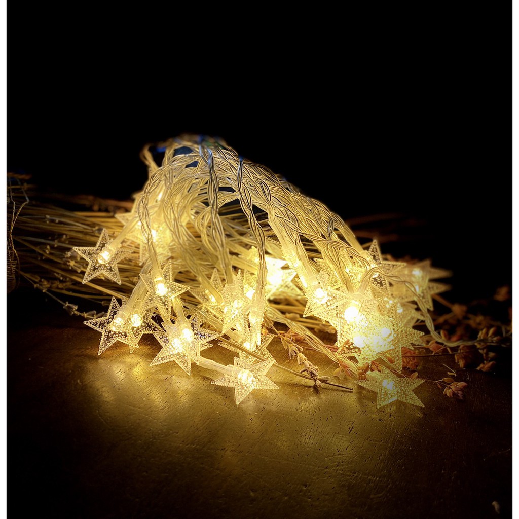 (Xài Pin AA) Dây Đèn Led Ngôi Sao 6 Mét 40 Bóng Vàng Nắng, Nhấp Nháy Và Đứng Yên, Trang Trí Noel, Quán Cafe