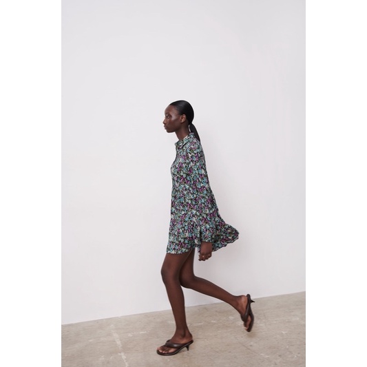 Váy baby doll hoa cổ sơ mi Zarraa canh sale, ảnh thật