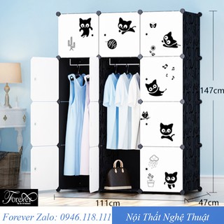 Tủ quần áo đẹp decal hình mèo lắp ghép 12 ô 111*147*47cm - Nội Thất Nghệ Thuật Forever