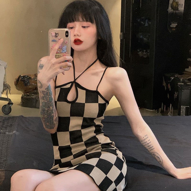 Váy đầm len body dây sexy hoạ tiết kẻ caro hàng QC