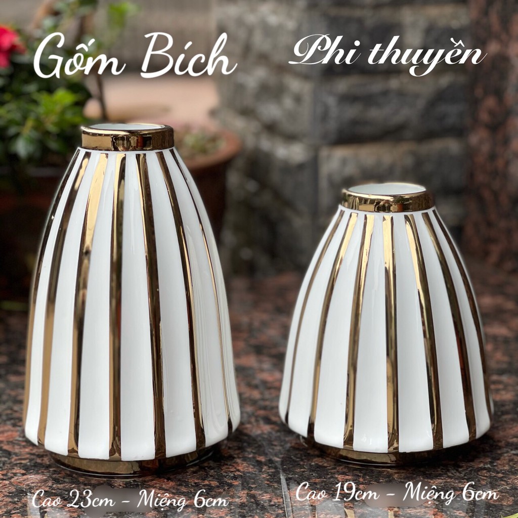 Bình Hoa Lọ Hoa Sứ Dáng Phi Thuyền Trắng Vẽ Vàng - Gốm Sứ Bát Tràng - Lọ Hoa Decor Đẹp