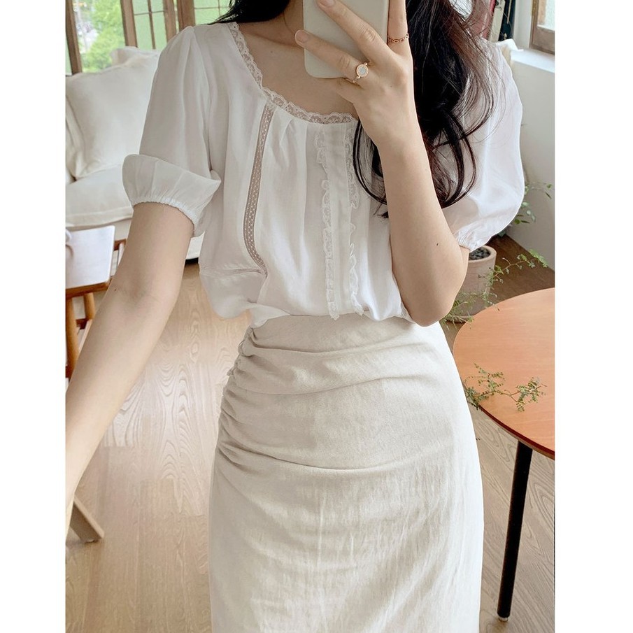 Áo kiểu tay ngắn phối ren màu sắc ngọt ngào phong cách Hàn Quốc cho nữ 44027