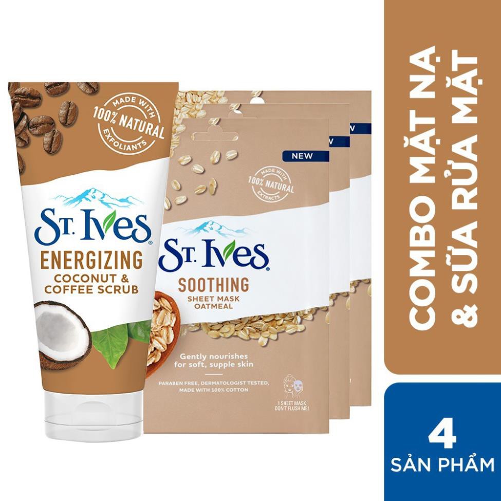 Combo Sữa rửa mặt tẩy tế bào chết St.Ives Cafe và Dừa 170g + Bộ 3 mặt nạ dưỡng da St.Ives chiết xuất Yến Mạch 23ml