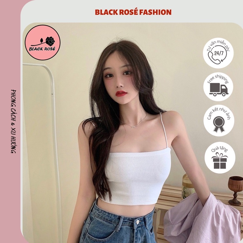 Áo 2 Dây Nữ Sợi Bún Bản Nhỏ Croptop Len Tăm Màu Trắng Đen Mặc Hai Kiểu Trong Vest Hoặc Trơn Đều Đẹp – HD01 – Black Rose