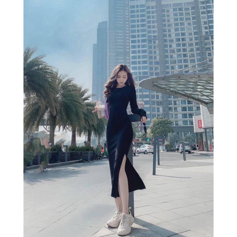 ঔৣ Đầm Body Tay Dài Xẻ Tà Cổ Tròn Dáng Ôm Len Tăm (Thun Gân) Sexy Dáng Dài Qua Gối Mati House - YD186290 ঔৣ
