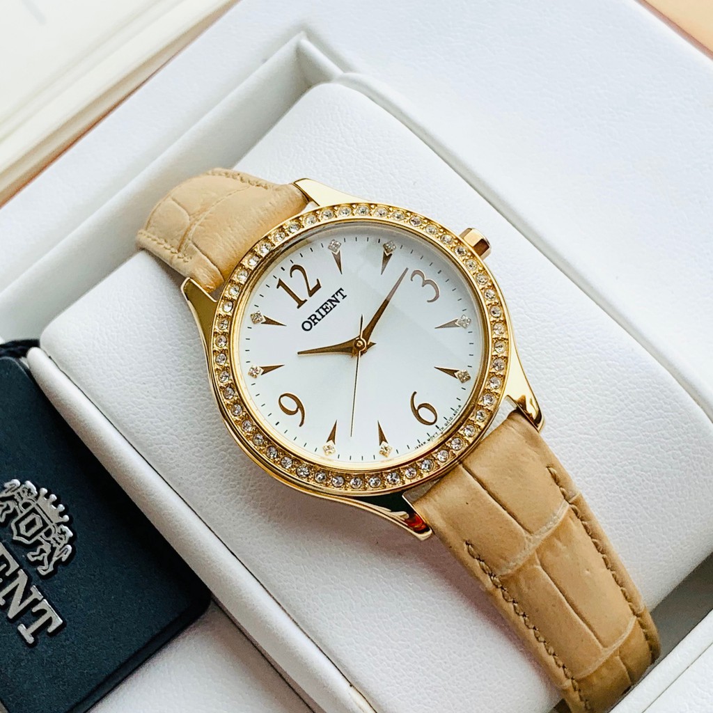 Đồng hồ Nữ Orient Automatic FQC10006W Mặt trắng,Khảm trai-Máy cơ tự động-Dây da vàng đồng cao cấp-Size 30mm