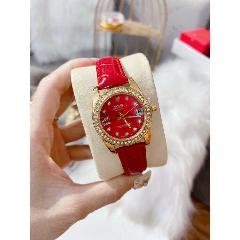 Đồng Hồ Nữ Rolex Dây Da Mặt Đính Đá Size 32mm Có Lịch Ngày - Bảo Hành 12 Tháng - Combo Quà Chất