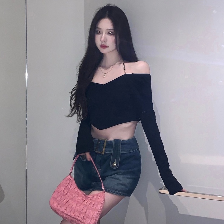Áo thun crop top dệt kim ZHELIHANGFEI hở lưng phối dây xích trẻ trung quyến rũ thời trang cho nữ