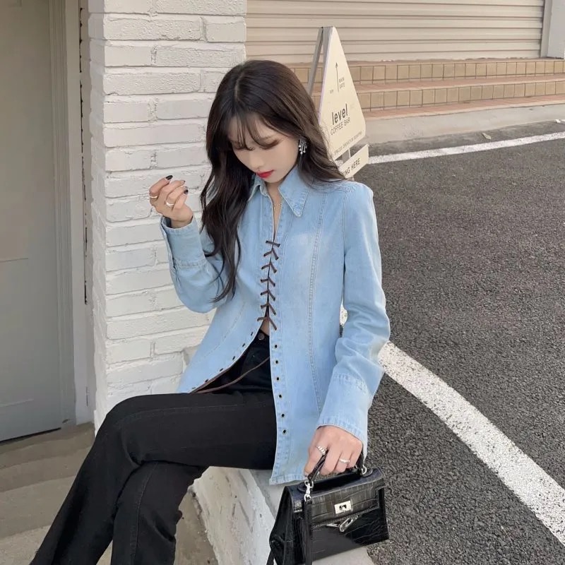 A001 Áo bò mùa thu ulzzang dây buộc thiết kế áo sơ mi Denim jackets tay dài siêu xinh màu phai đẹp