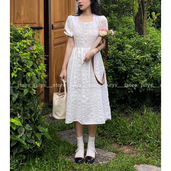 Váy babydoll nhún cổ vuông trắng (ảnh thật kèm video)