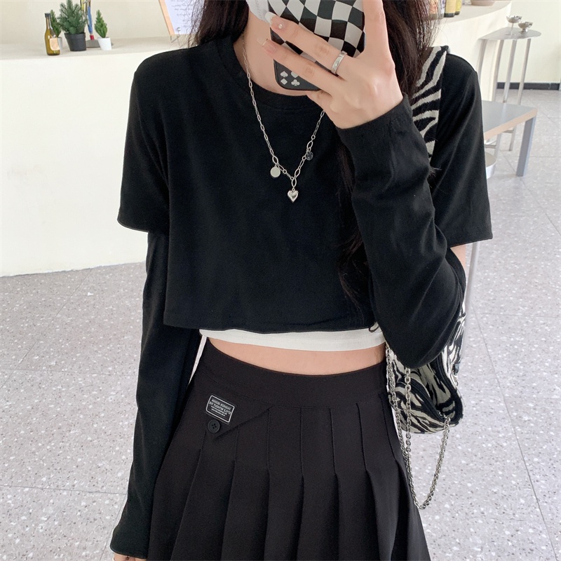 【ZHELIHANGFEI】Áo Thun Dài Tay Hở Eo Thiết Kế Giản Dị Thời Trang