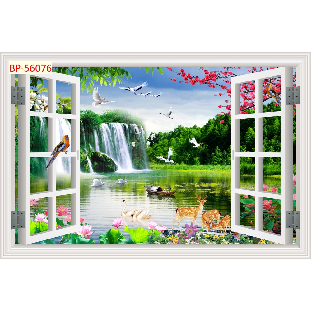 Tranh dán tường 3d cửa sổ thiên nhiên, thác nước, dàn hoa, hồ nước thoáng mát