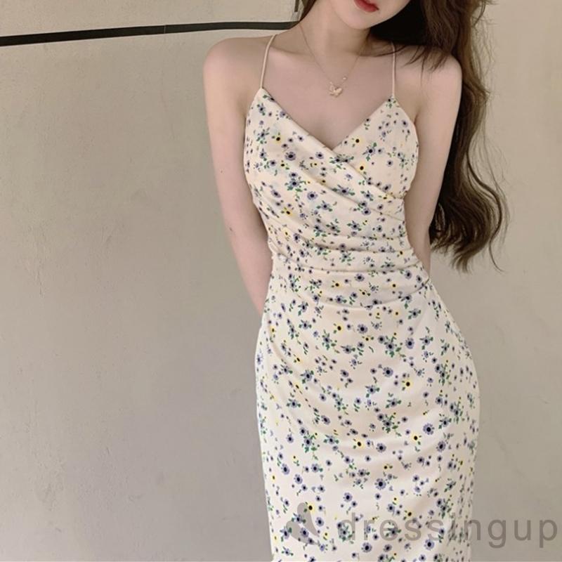 DRE-Female Summer Dress, Floral Print V-Neck Sleeveless Spaghetti Strap Ruched Dress, S/M/L