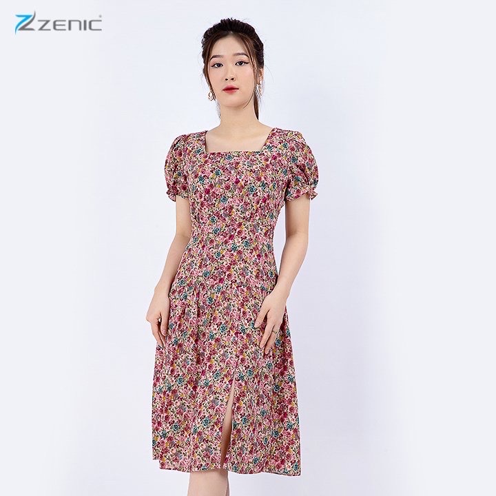 Đầm liền nữ Viscose hoa nhí tay ngắn bồng cổ vuông xẻ tà – ZENIC