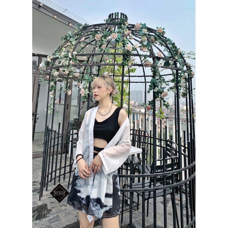 Áo kimono voan hoạ tiết