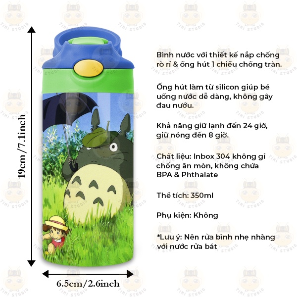 Bình Uống Nước Giữ Nhiệt Cho Bé Có Ống Hút Hình Totoro - Tỉ Mỉ Studio - Mã 2808KT05