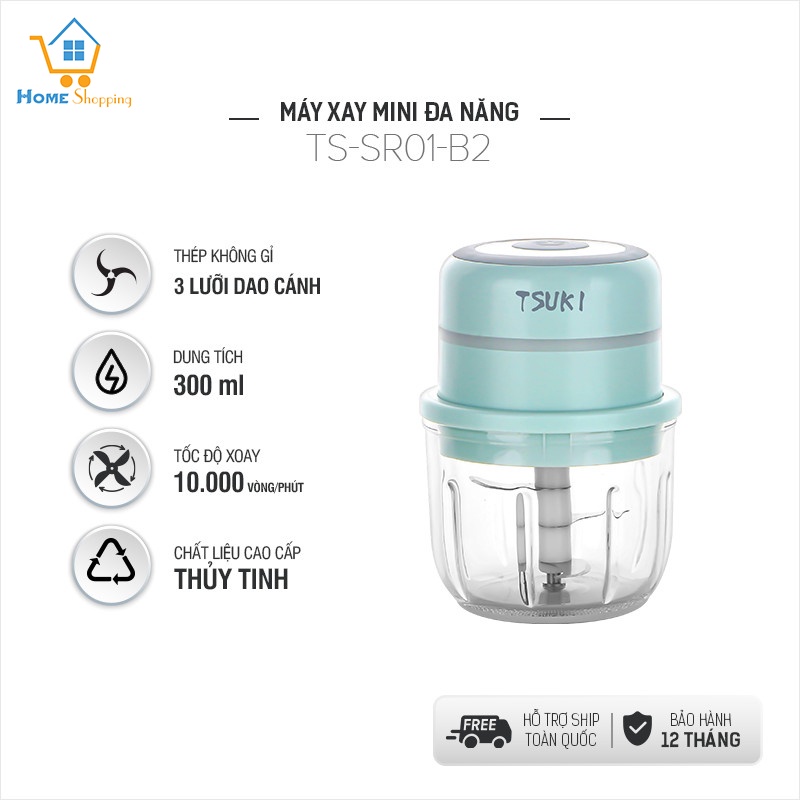 Máy xay mini đa năng thủy tinh, dung tích 300ml, lưỡi dao thép không gỉ, hàng chính hãng, bảo hành 12 tháng