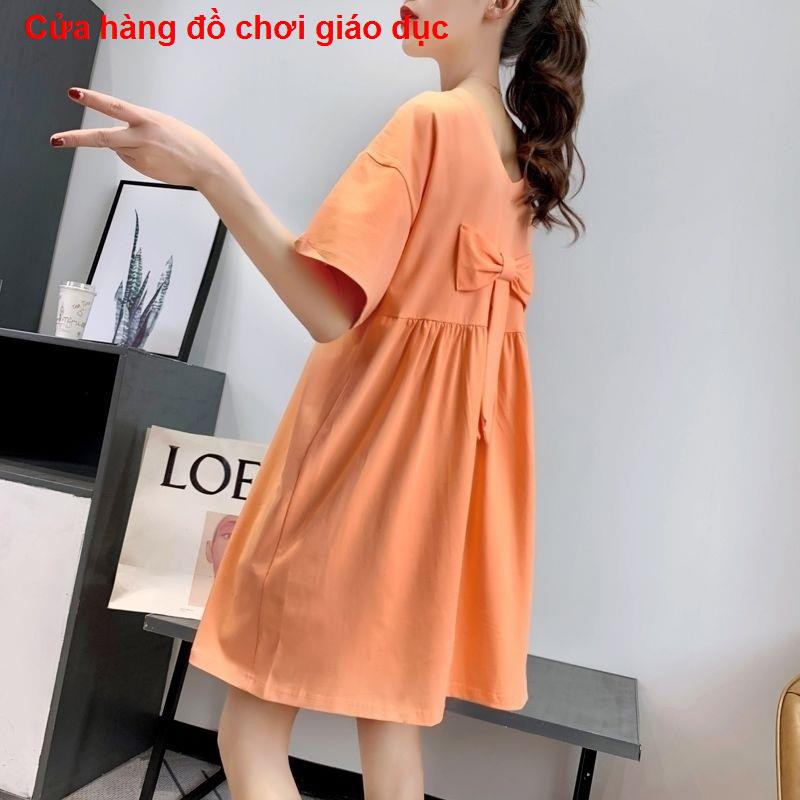 XINH XINH Bà bầu váy mùa hè Hàn Quốc bộ đồ cotton rộng giữa dài trên đầu ngắn tay áo thun hai mảnh hợp thời trang RẺ QUÁ