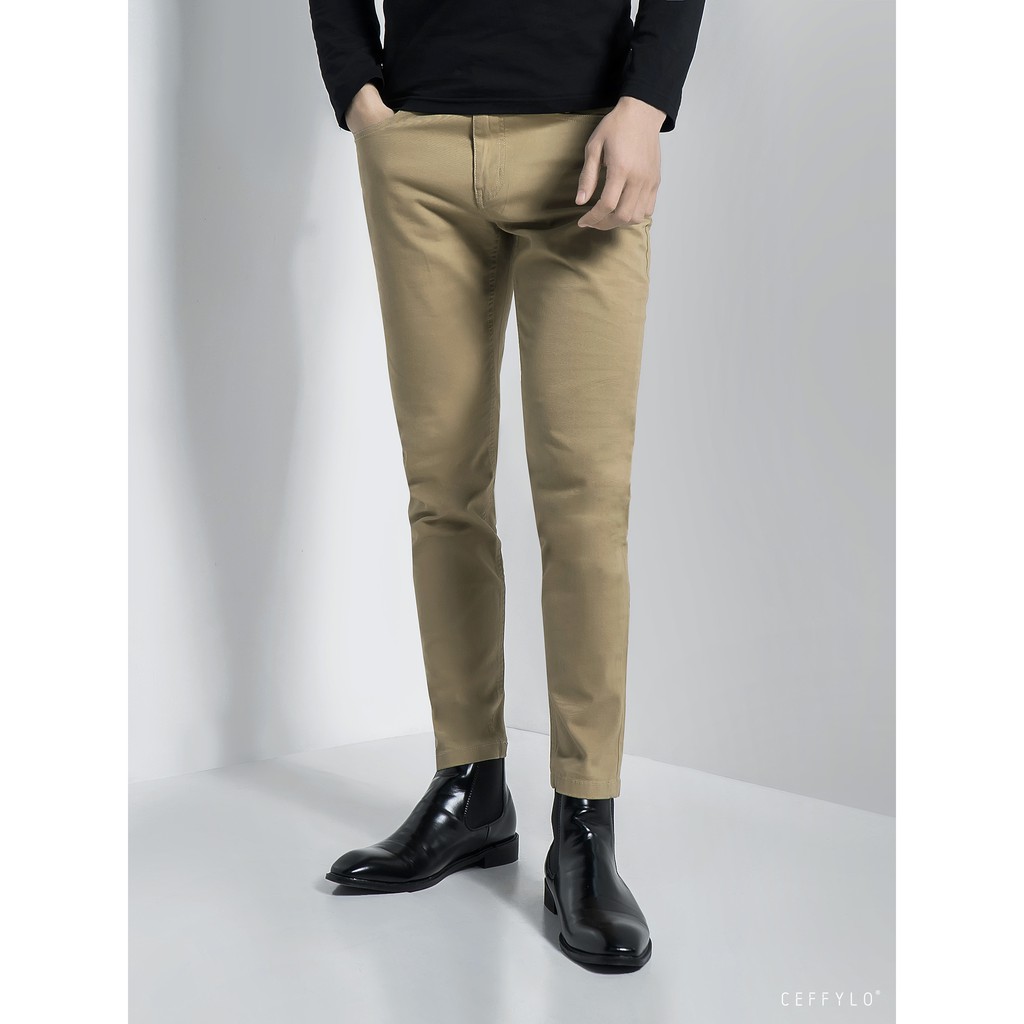 Quần Khaki Túi Jeans trơn Be CEFFYLO, Form Slimfit, Co Giãn