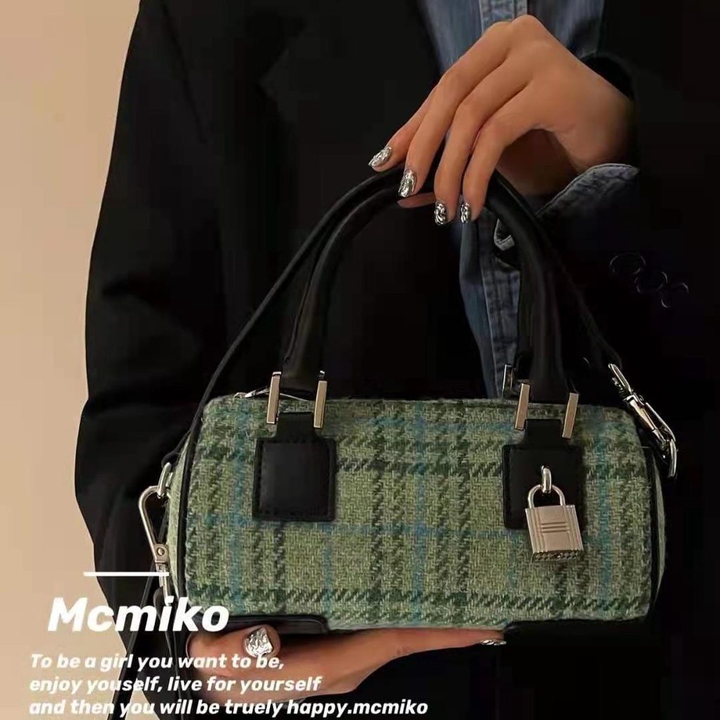 ✜✑Túi đeo chéo Mai Muke/Female hình trụ tròn màu sắc tương phản thời trang 2021