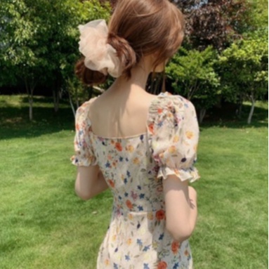 Đầm hoa nhí QINY STUDIO, váy dự tiệc, đầm midi dáng dài tay phồng Quảng Châu