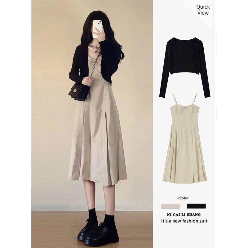 Set Đầm Hai Dây Dáng Chữ A Và Áo Khoác Cardigan Màu Đen Thời Trang Mùa Thu