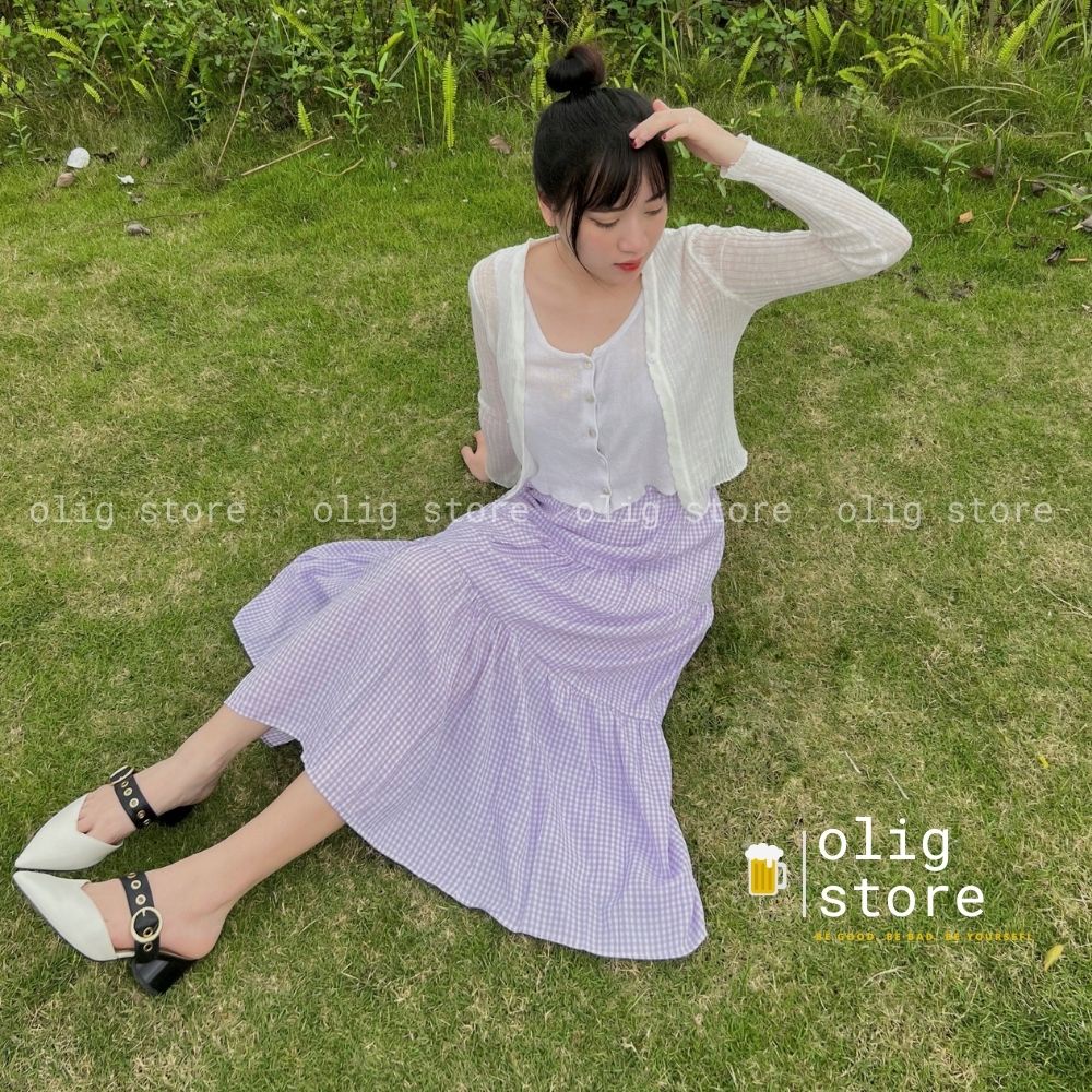 Chân Váy Kẻ Caro Tím Dáng Dài Phong Cách Hàn Quốc Olig Váy Lưng Chun Xoè 3 Tầng