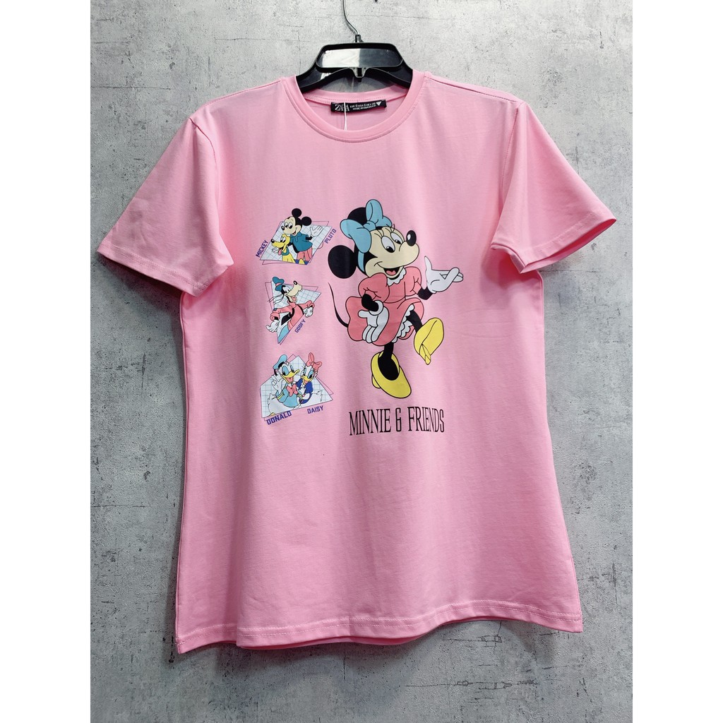 Áo Thun nữ 100% cotton Zara hình chuột Mickey hồng