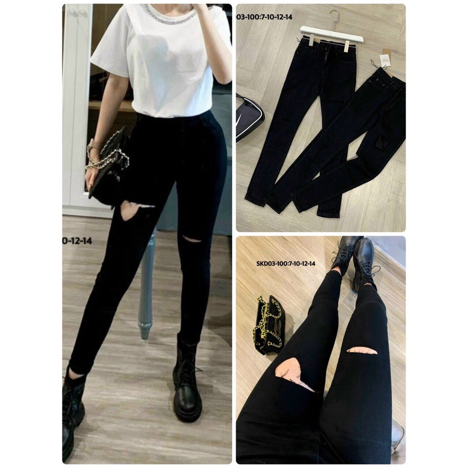 Quần skinny kaki Bigsize lưng cao màu đen rách đùi - gối 60-90kg