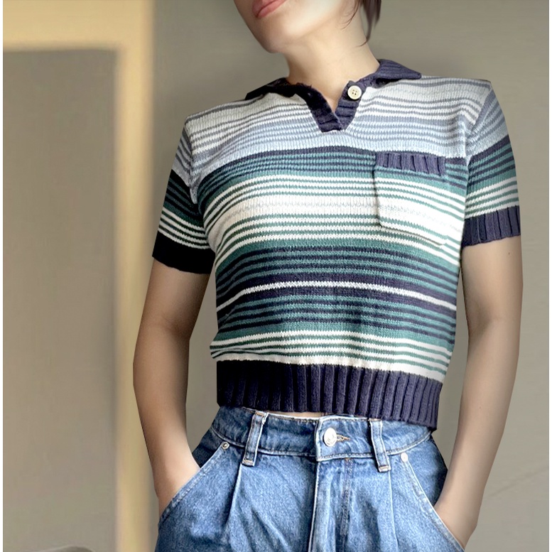 Áo len mongtoghi croptop kẻ ngang cổ polo - 2hand Nhật
