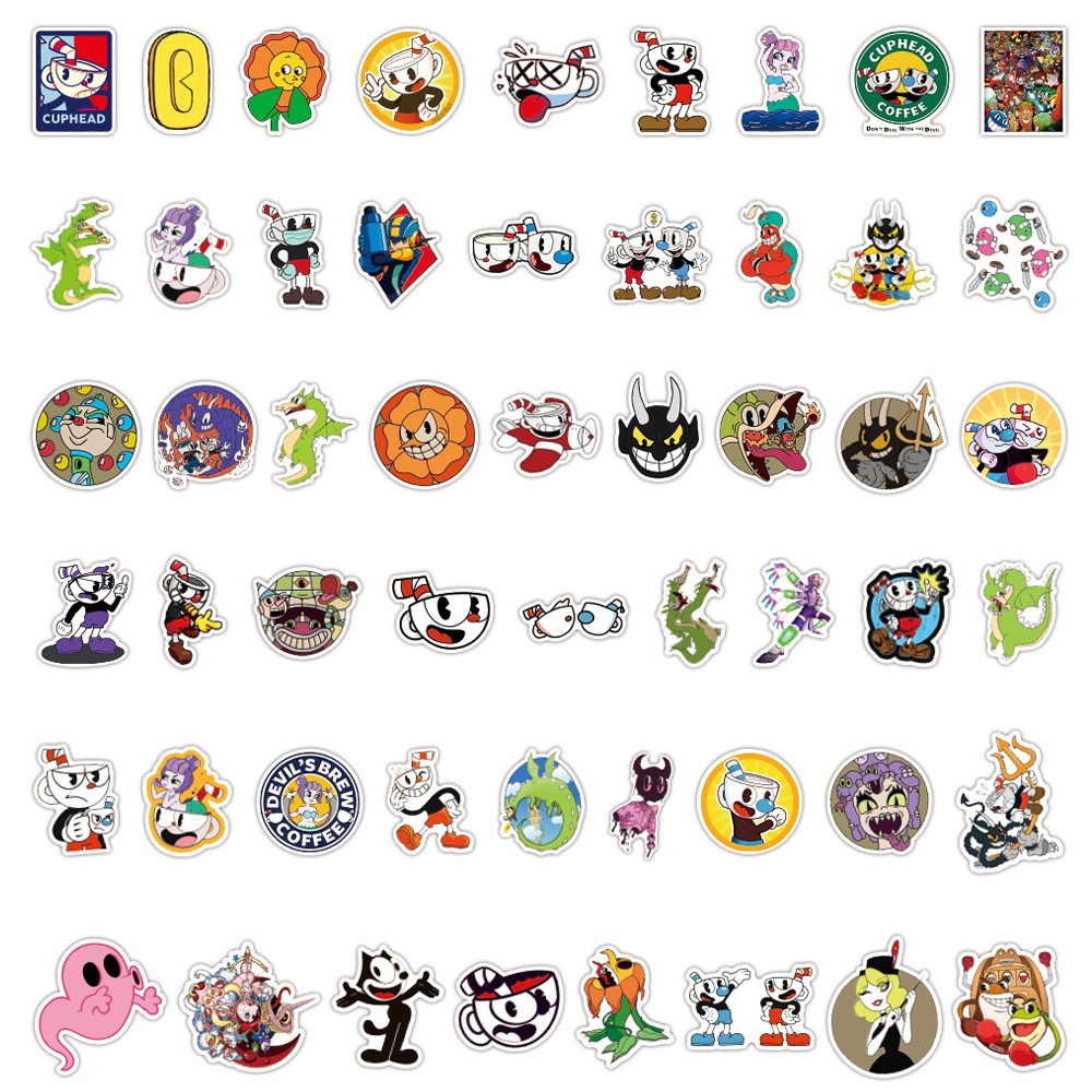 Y&P| Hình Dán Chống Nước Cuphead Trò Chơi Điện Tử Mũ Bảo Hiểm Máy Tính Xách Tay Hành Lý Dán Thiết Lập, 50 tờ
