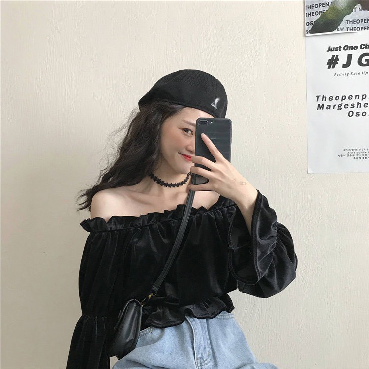 Áo voan croptop trễ vai bo eo duyên dáng TTSLA0061
