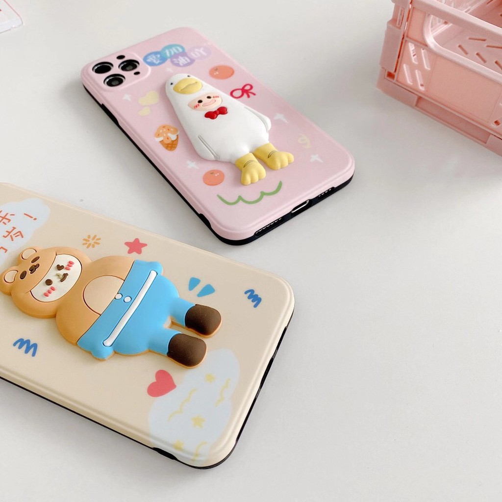 iPhone case Ốp lưng iPhone Hoạt hình Vỏ mềm Cute duck TPU Bảo vệ ống kính hoạt hình Bốn mặt có kết cấu gợn sóng 3D dày cho iPhone 11 Pro Xs MAX XR I8 I7