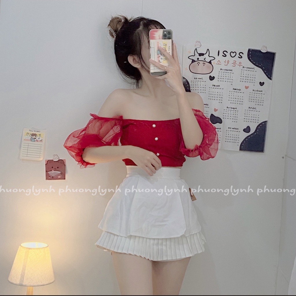 Áo bẹt vai áo cúp ngực tay phồng ren 2 lớp chất siêu xinh MS02/GN40