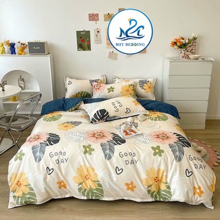 Bộ chăn ga gối Cotton Poly M2T bedding Hoa good day, vỏ chăn mền, drap giường và 2 vỏ gối