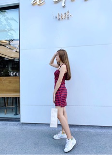 Đầm caro cột hai dây nơ