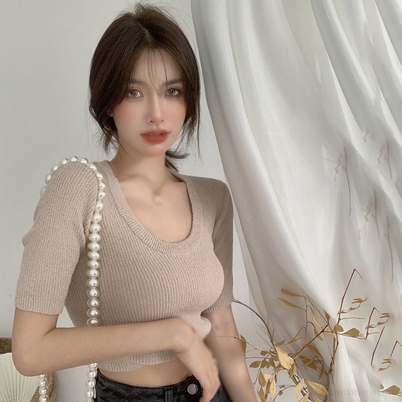 Áo Croptop Dệt Kim Tay Ngắn Cổ Tròn Dáng Ôm Thời Trang Cho Nữ