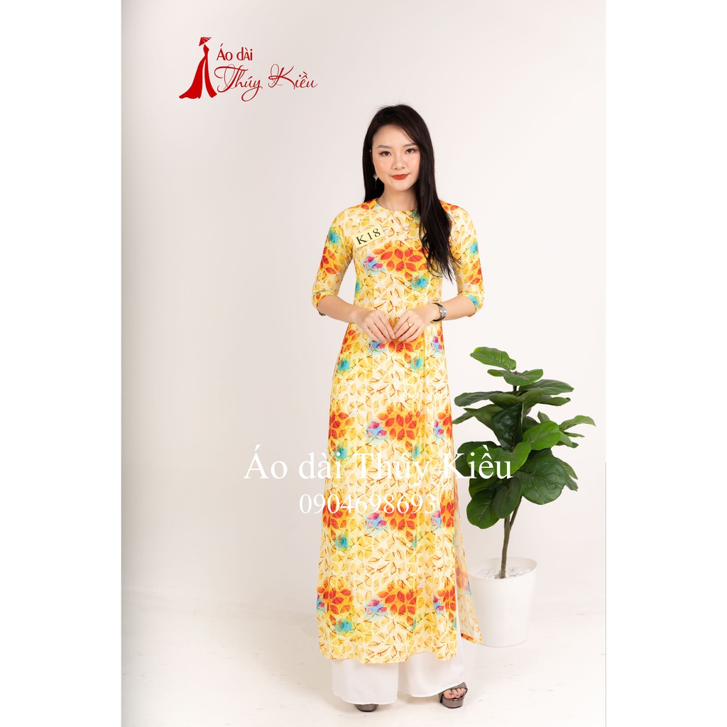 Áo dài truyền thống thiết kế may sẵn tết cách tân nữ nền vàng lá đỏ K18 Thúy Kiều mềm mại co giãn áo dài giá rẻ