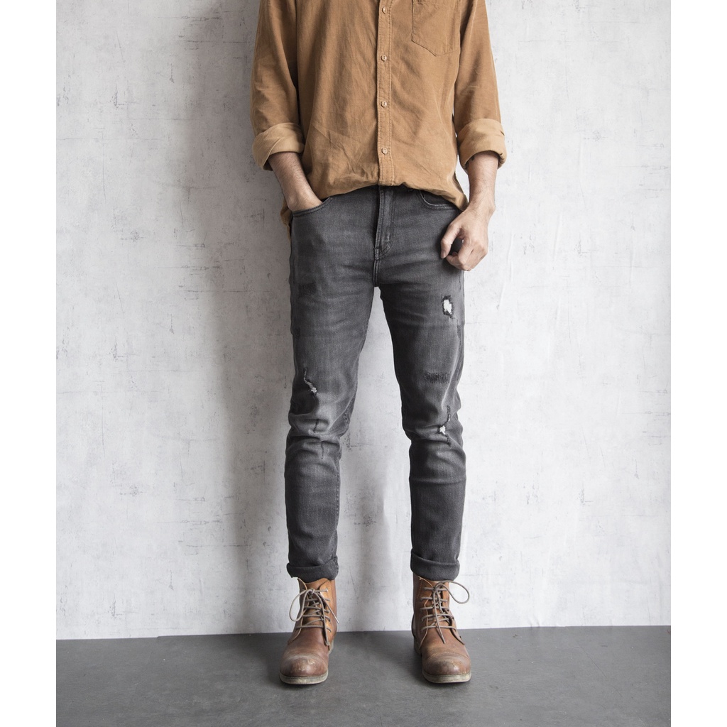 Quần jean nam xám  đen rách nhẹ cao cấp thương hiệu LAB - lab602