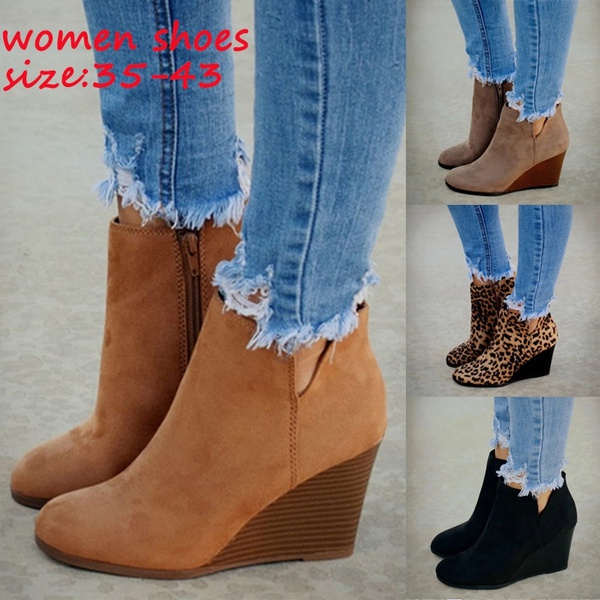 Giày boots cổ ngắn đế xuồng màu trơn/ da báo thời trang cho nữ | BigBuy360 - bigbuy360.vn