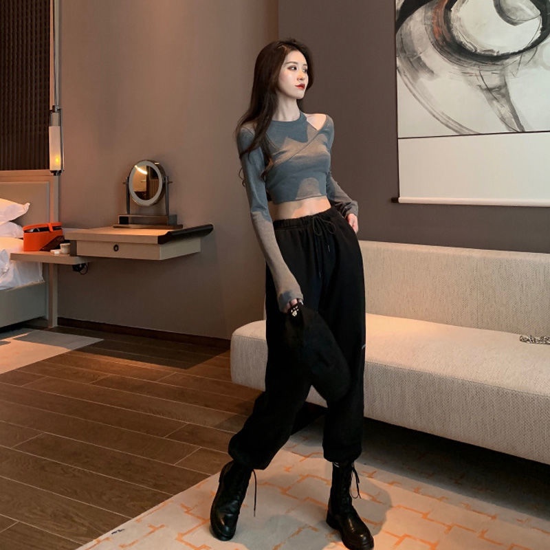 COZOK Áo Thun Tay Dài Trễ Vai Dáng Ôm Thời Trang