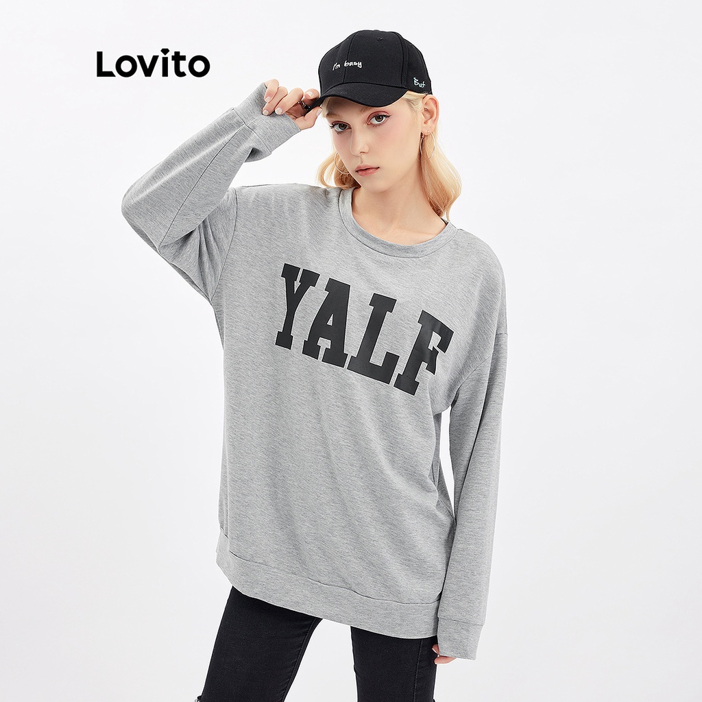 [Hàng có sẵn] Lovito Áo len cổ thuyền chữ Loose L30AD010 (Xám)