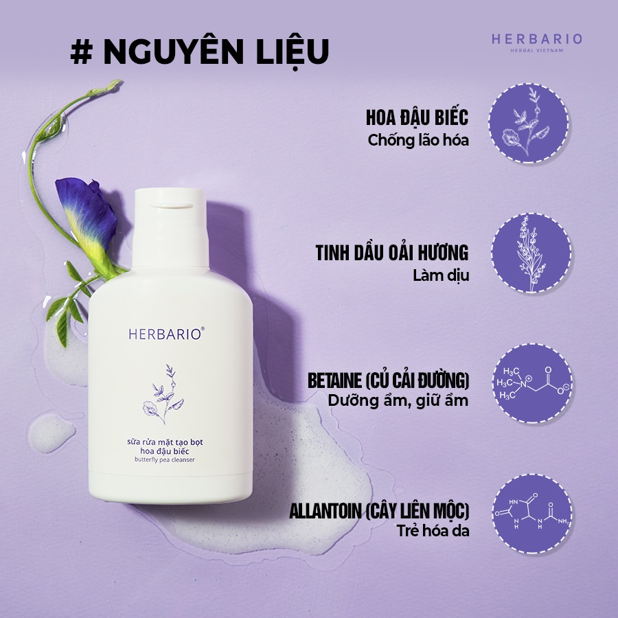 Sữa rửa mặt tạo bọt hoa đậu biếc herbario 100ml thuần chay cấp ẩm, chống lão hóa