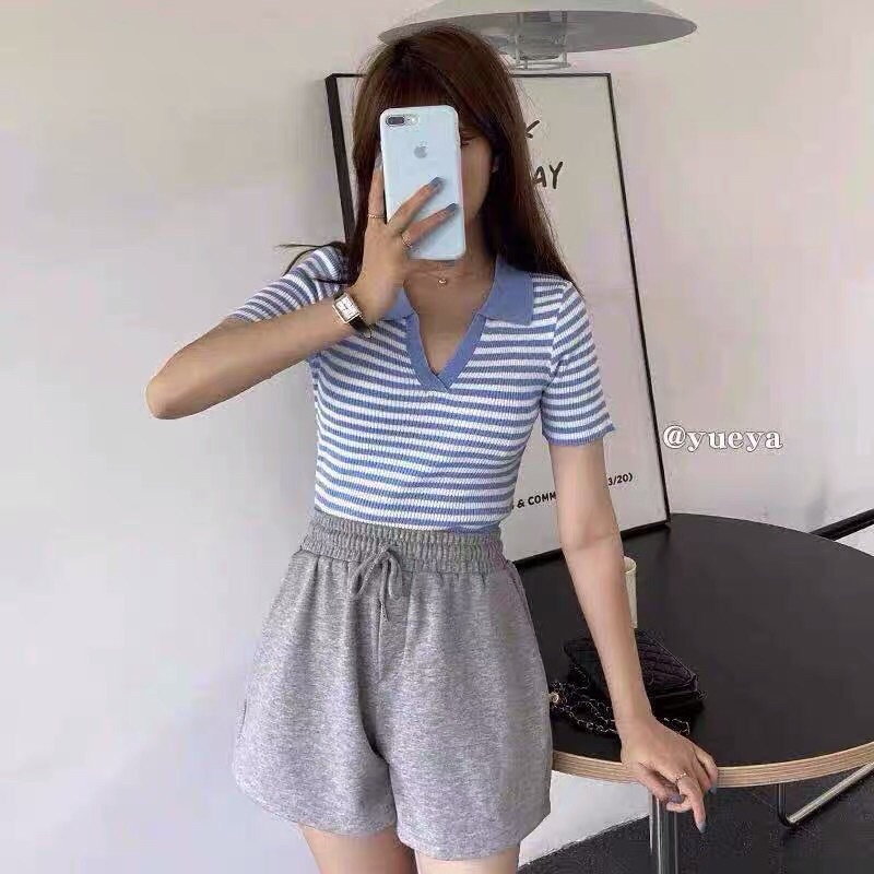 áo len dệt kim sọc kẻ ngang dáng croptop